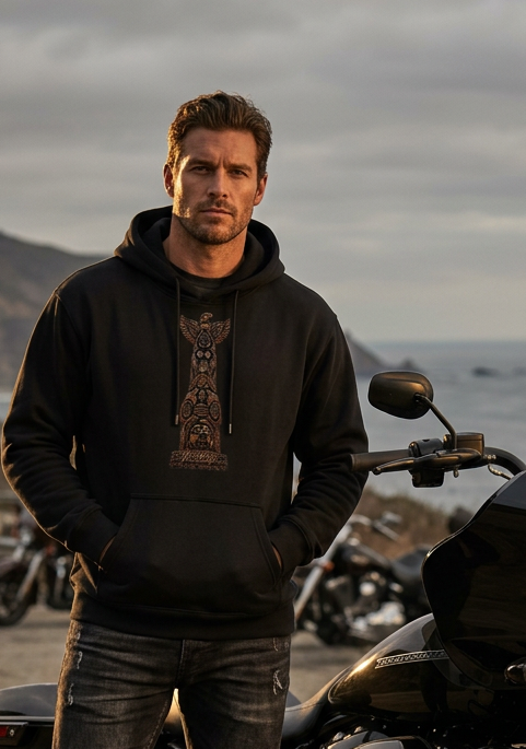 Close-up of the Totem Pooch biker dog and totem poles front graphic on the white hoodie
