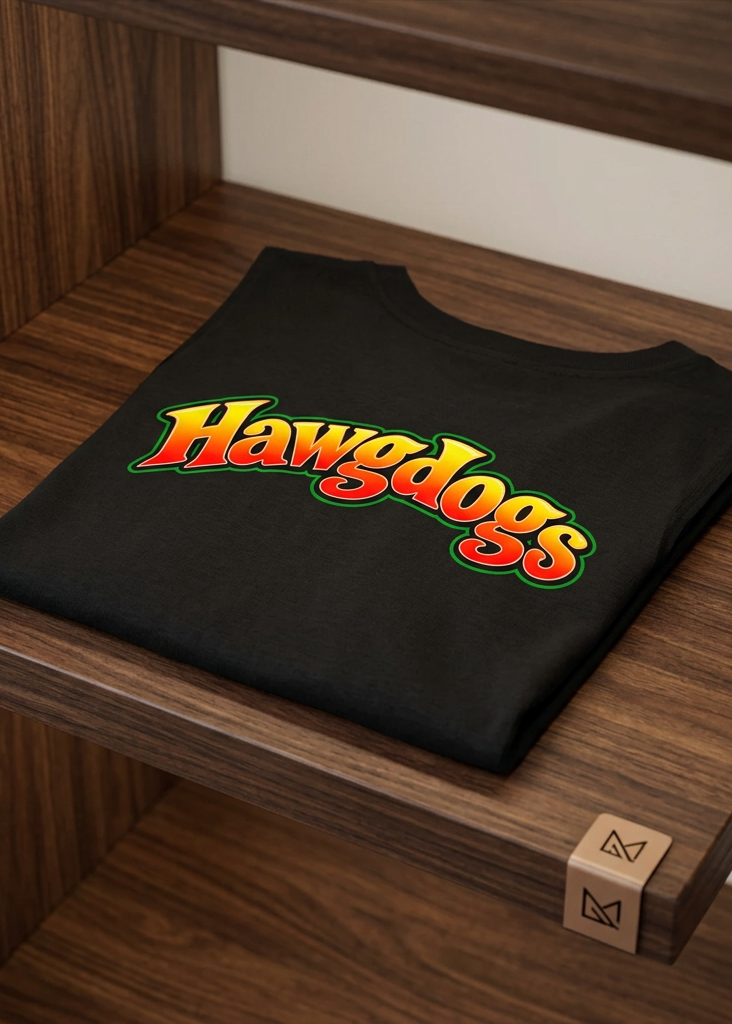 Back of the black Wild Wheelie 1 Down 5 Up men's tank top with the HawgDogs script logo, folded on a wooden table