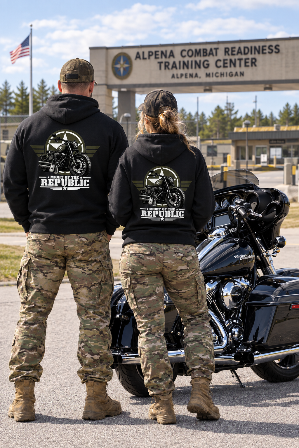 Back of black Might of The Republic premium hoodies at Alpena training center