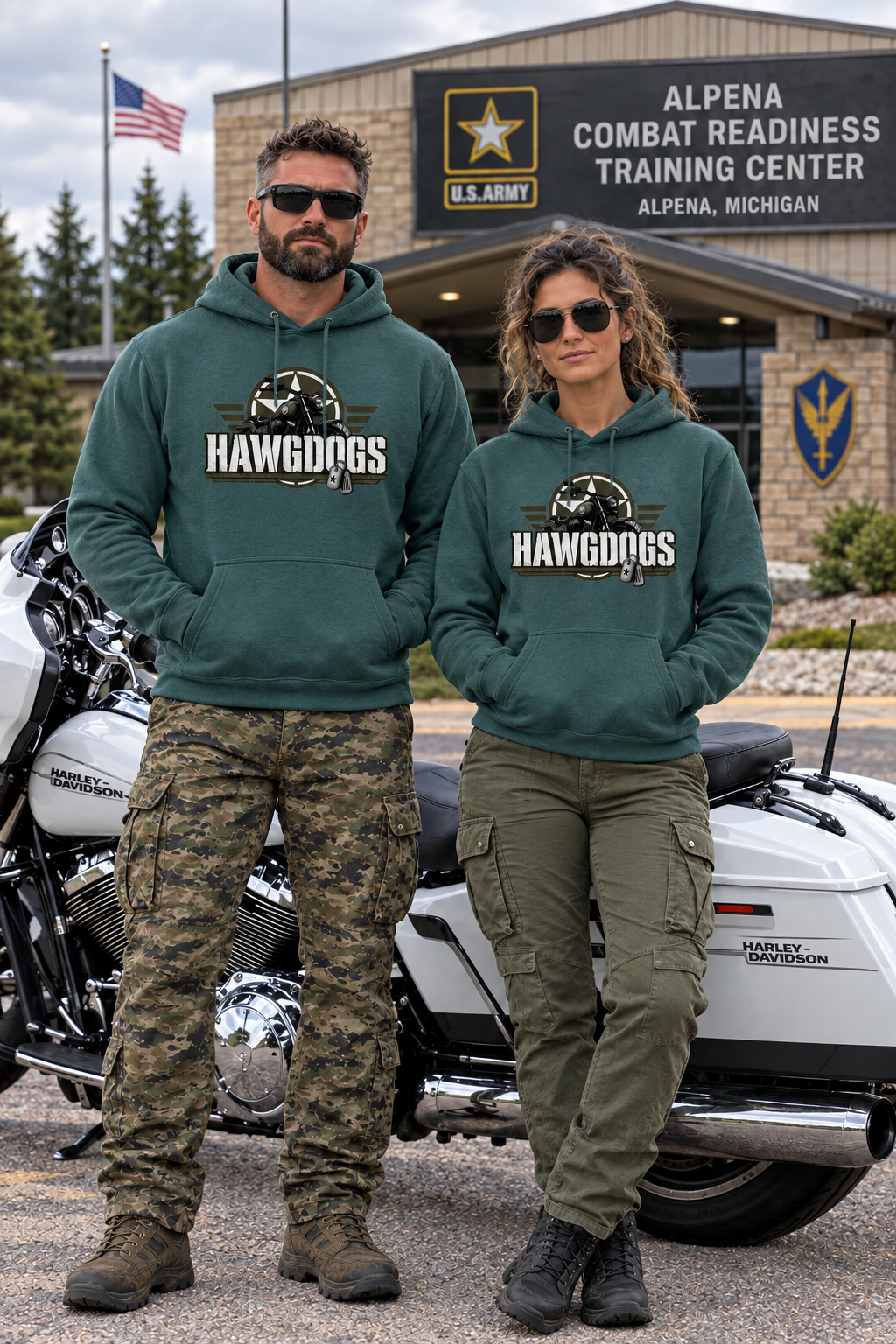 Couple in green Might of The Republic premium hoodies at Alpena Combat Readiness Training Center