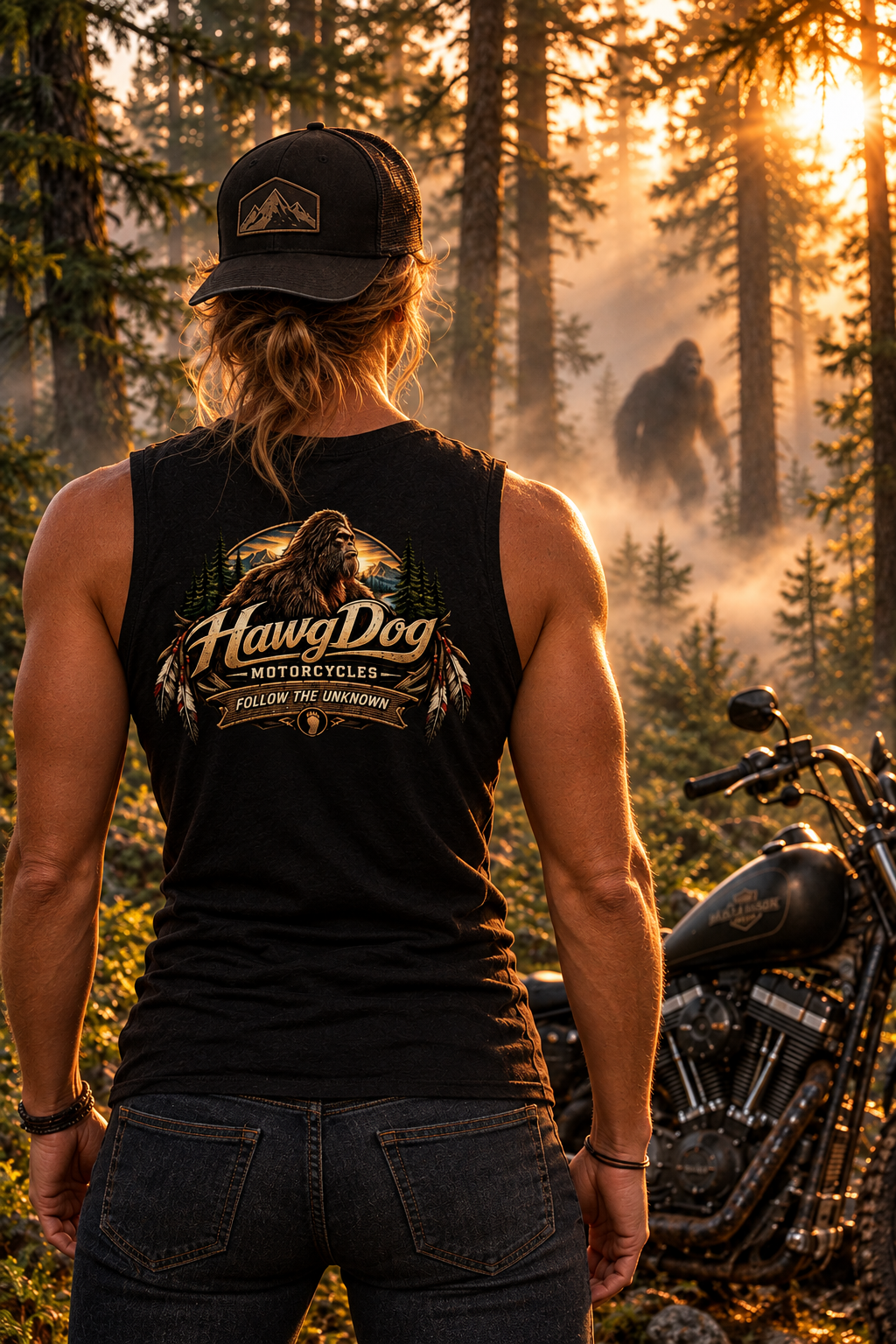 Back of the black Follow The Unknown women's crewneck tank in a smoky forest