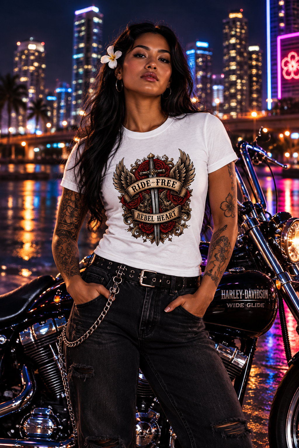 Woman in the white Rebel Heart women's tee with her motorcycle against a city skyline at night