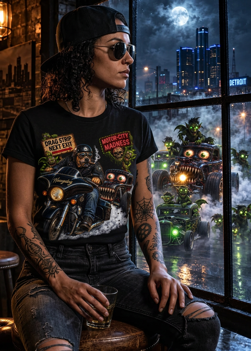 Man in the black Drag Rage tee at a neon-lit street at night