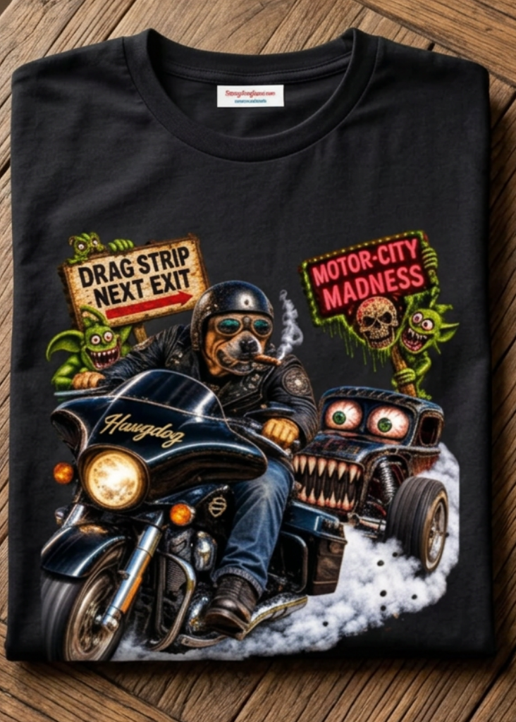 Front of the black Drag Rage tee with the HawgDog and hot rod drag race graphic, laid flat on a wooden table