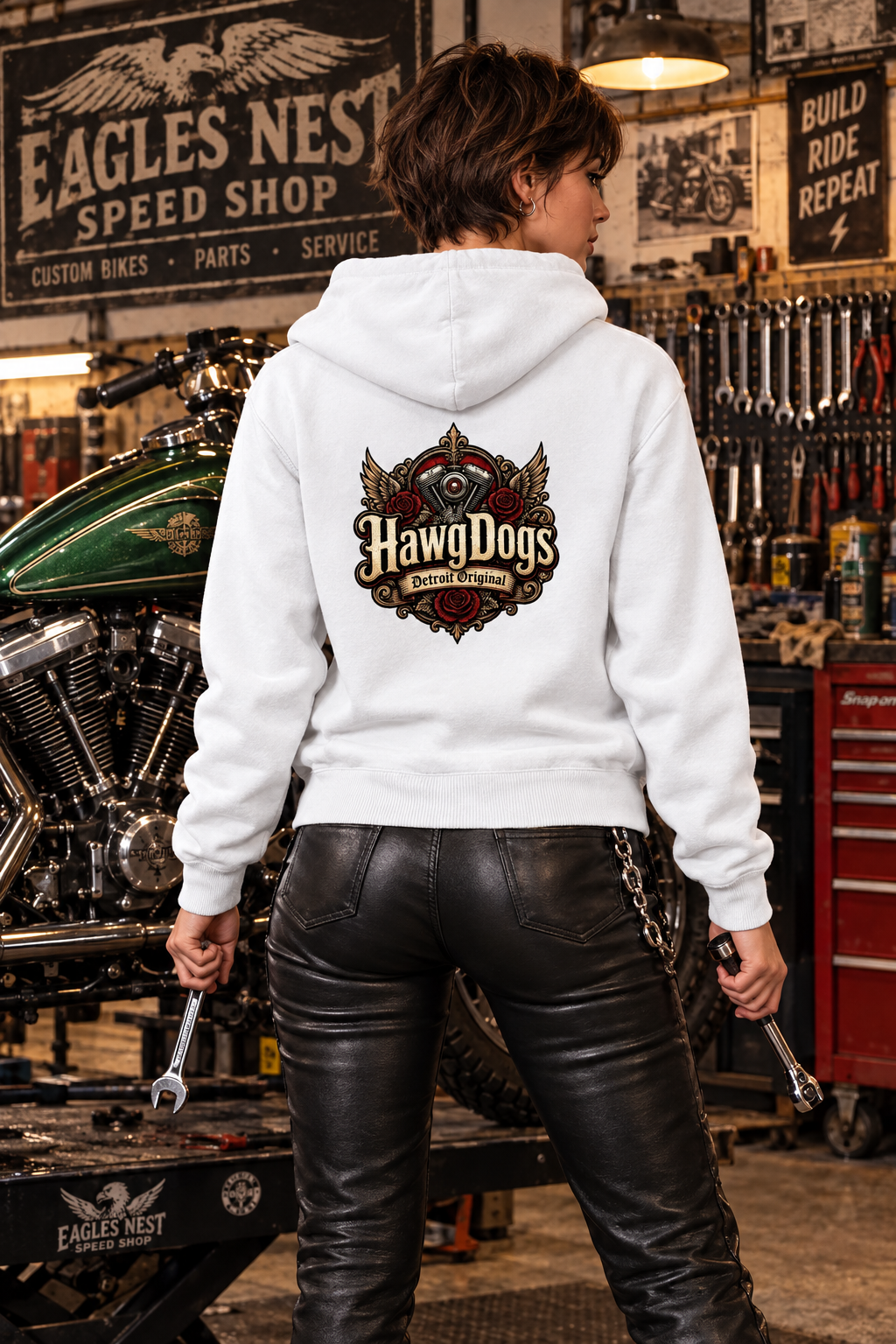 Back of the white Rebel Heart women's premium hoodie at a speed shop