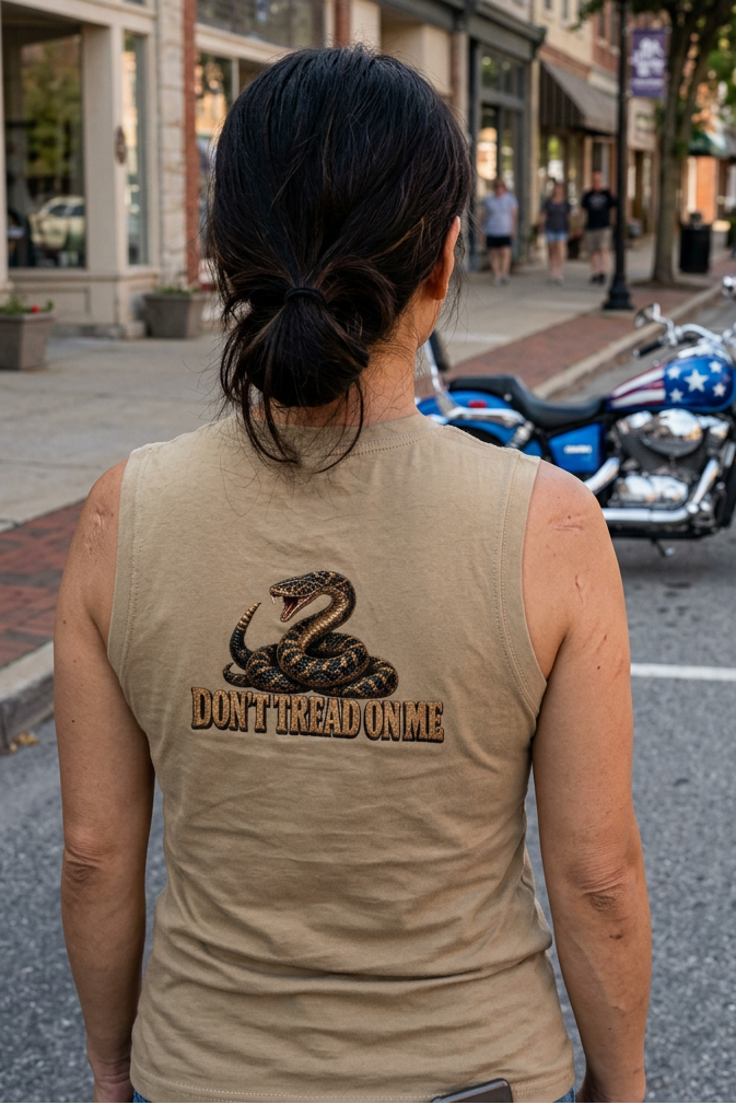 Back of the khaki Don't Tread Doggo women's crewneck tank with the coiled snake graphic