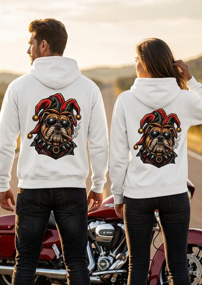 Back view of a couple wearing white HawgDogs Ded-Dog's Hand Ultimate Fleece-147 Hoodies with the bulldog joker graphic