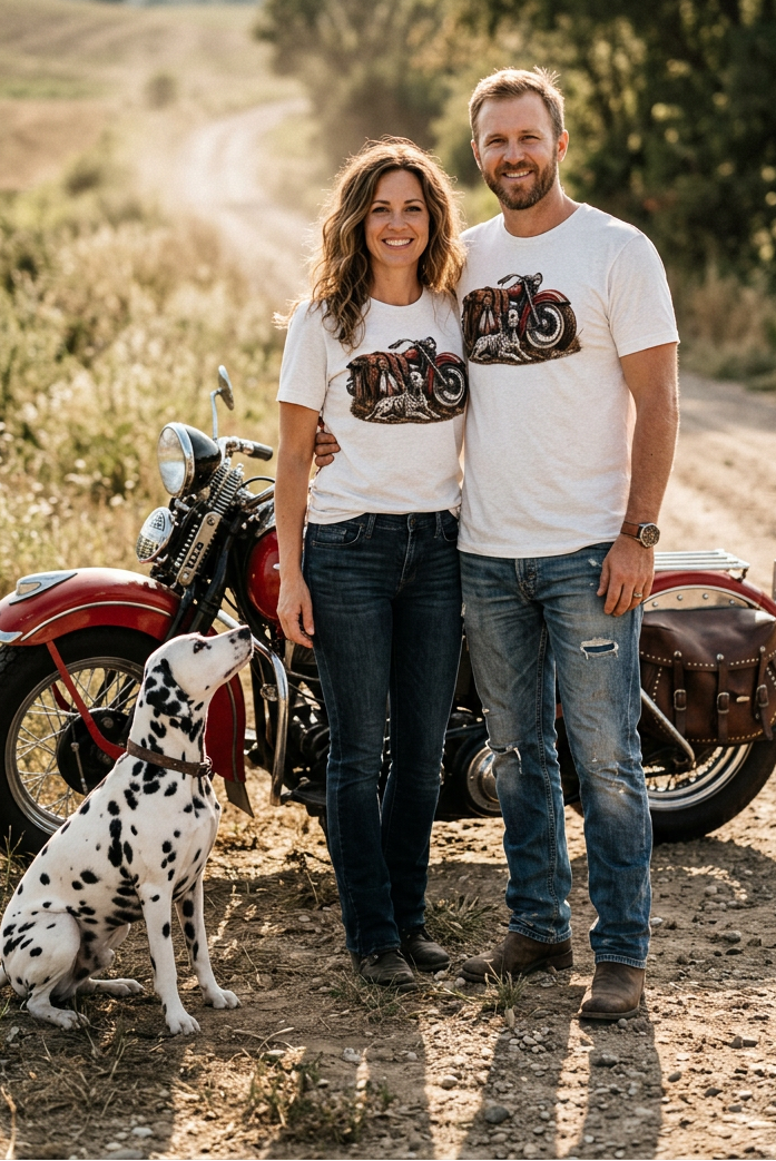 Couple wearing Flower Gray HawgDogs Dal-Life tees with a Dalmatian beside a vintage red motorcycle