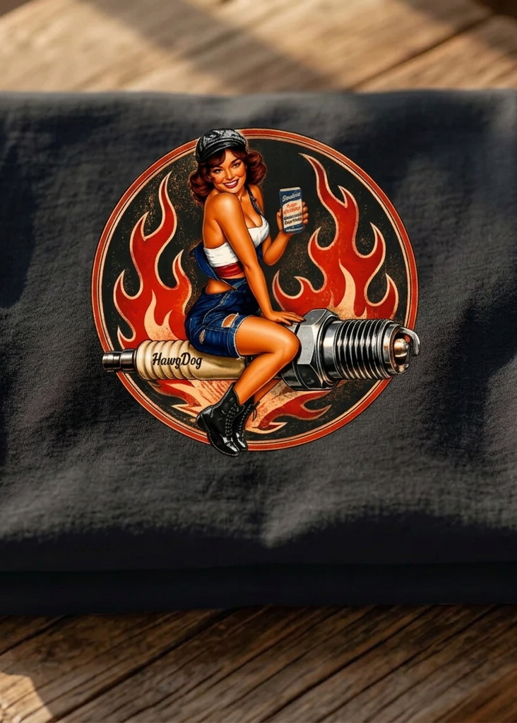 Front of the black Spark Plug Sally men's tank top with the pin-up spark plug graphic, laid flat on a wooden table