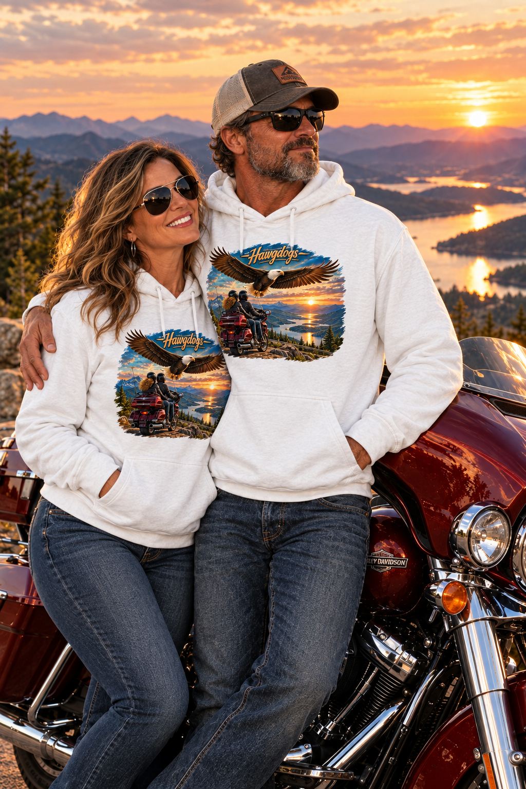 Couple in white Wings of The Open Road hoodies by a motorcycle at sunset