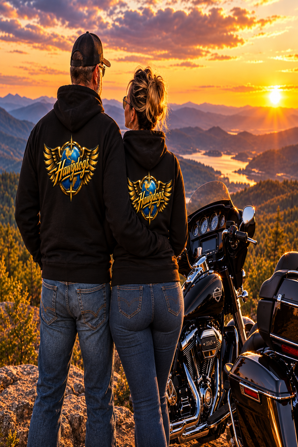 Back of black Wings of The Open Road hoodies on a couple at sunset