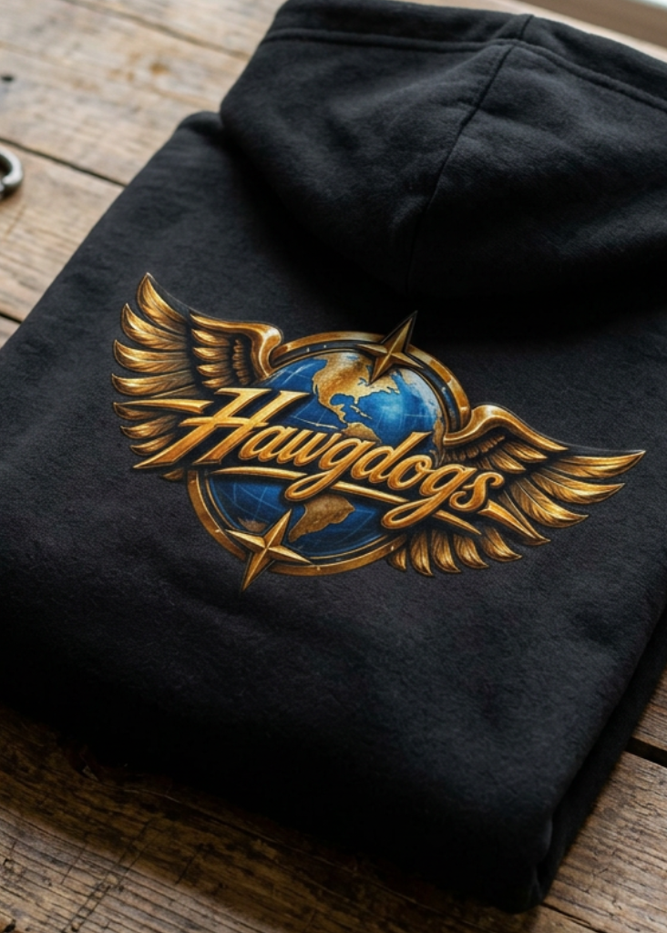 Back of the black Wings of The Open Road hoodie with the gold winged logo, folded on a wooden table