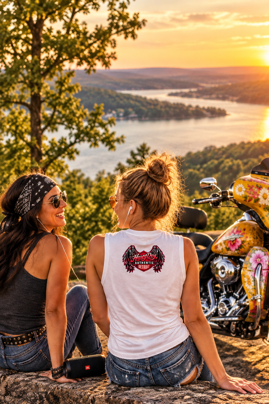 Back of the white The Girls The Bikes The Good Times women's crewneck tank by a lake