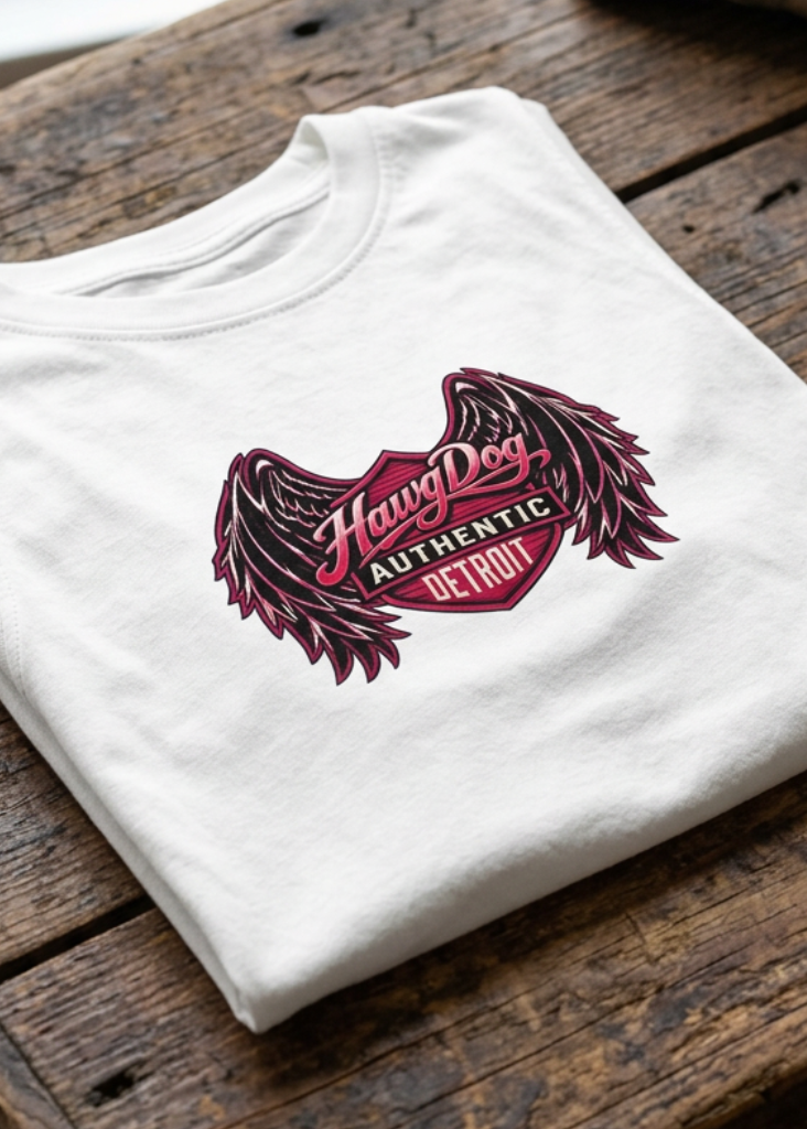Back of the white The Girls The Bikes The Good Times women's crewneck tank with the winged logo, folded on a wooden table