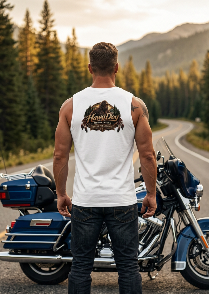 Back of the white Follow The Unknown men's tank top with the HawgDog Bigfoot crest in the woods