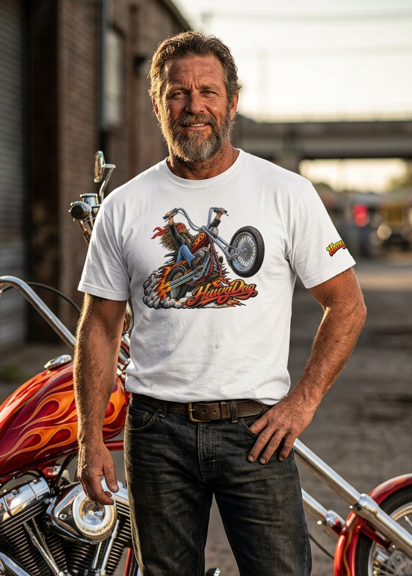 Wild Wheelie men's tee shirt by HawgDog Gear, white, front