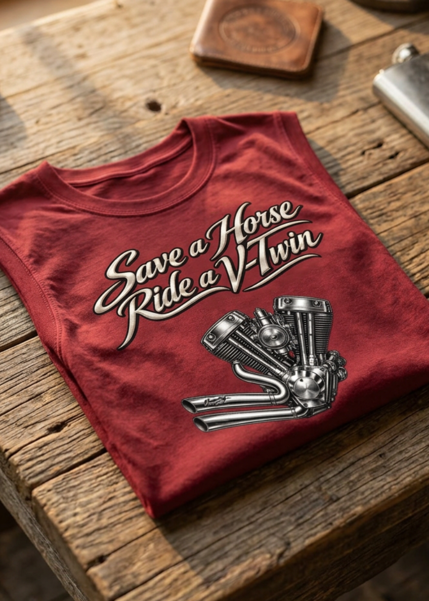 Front of the red Save A Horse women's crewneck tank with the Save a Horse Ride a V-Twin engine graphic, laid flat on a wooden table