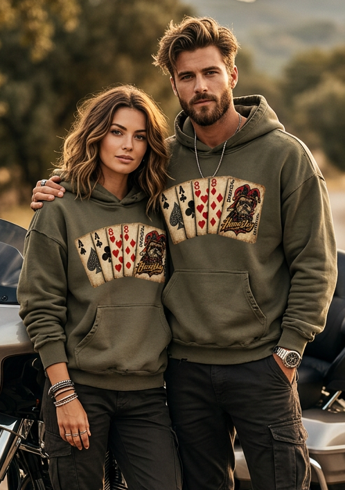 Couple wearing olive green HawgDogs Ded-Dog's Hand Ultimate Fleece-147 Hoodies showing the front poker hand graphic