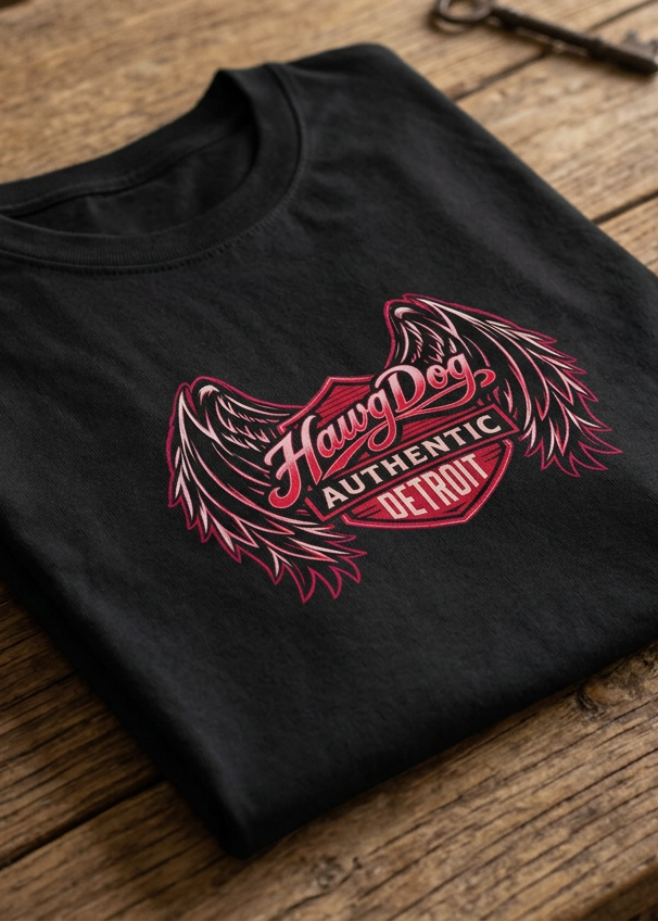 Back of the black Just A Girl Who Likes Motorcycles women's tee with the winged HawgDog Authentic Detroit logo, folded