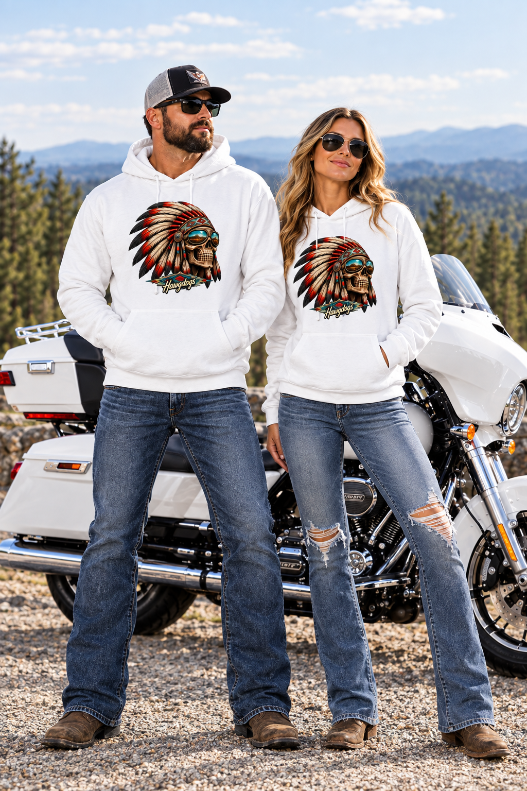 Couple in white Thunderhead hoodies with the headdress graphic by a white motorcycle