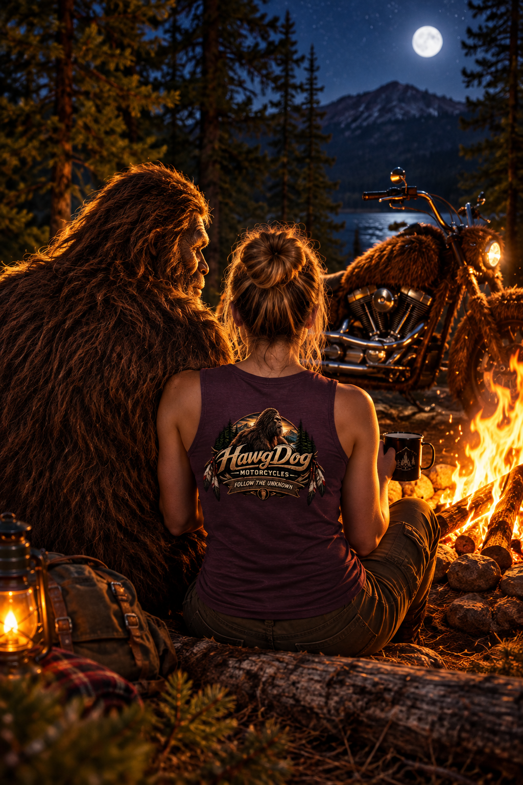 Back of the maroon Follow The Unknown women's crewneck tank by a campfire at night