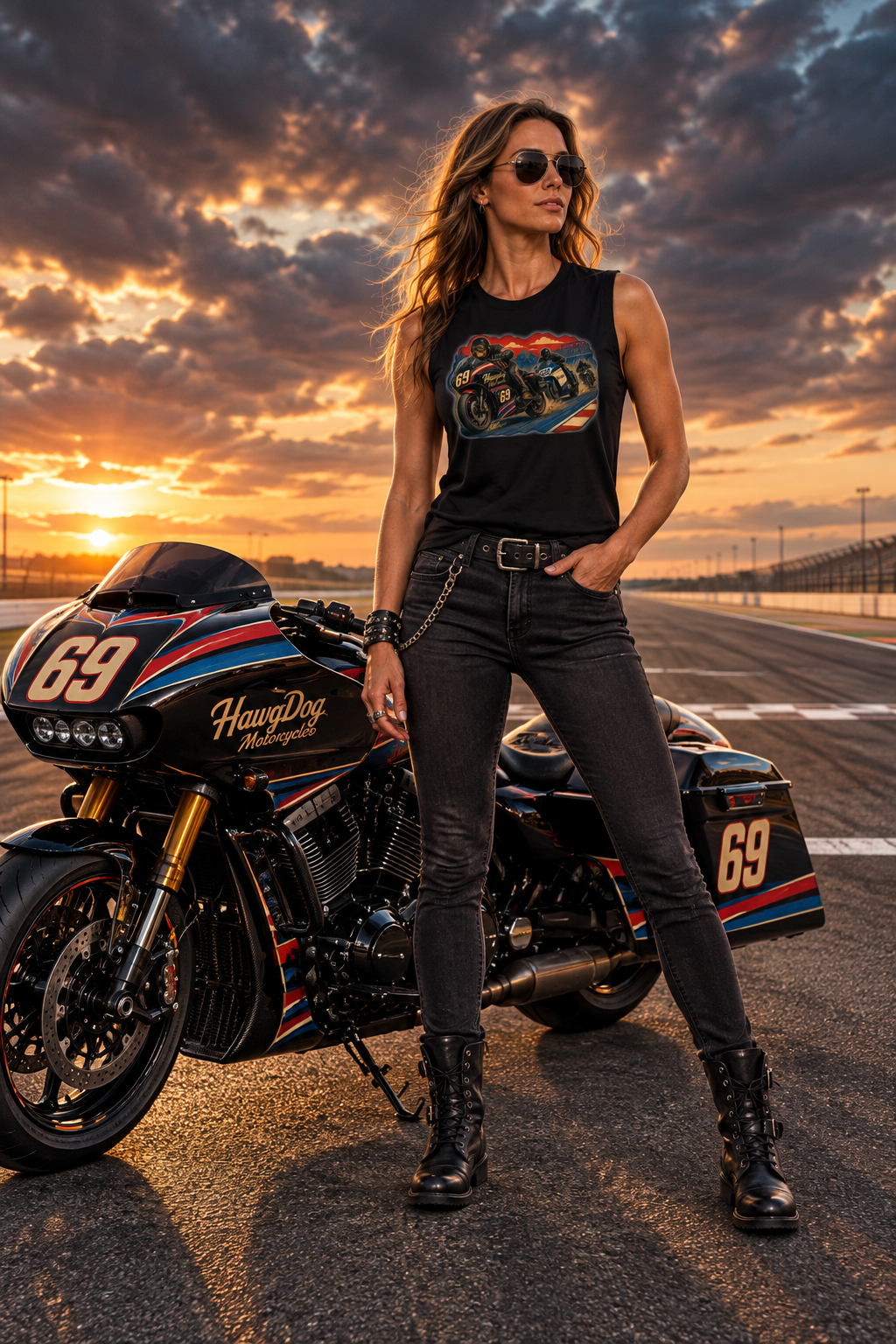 Woman in the black Bagger Dogs women's crewneck tank on a drag strip at sunset