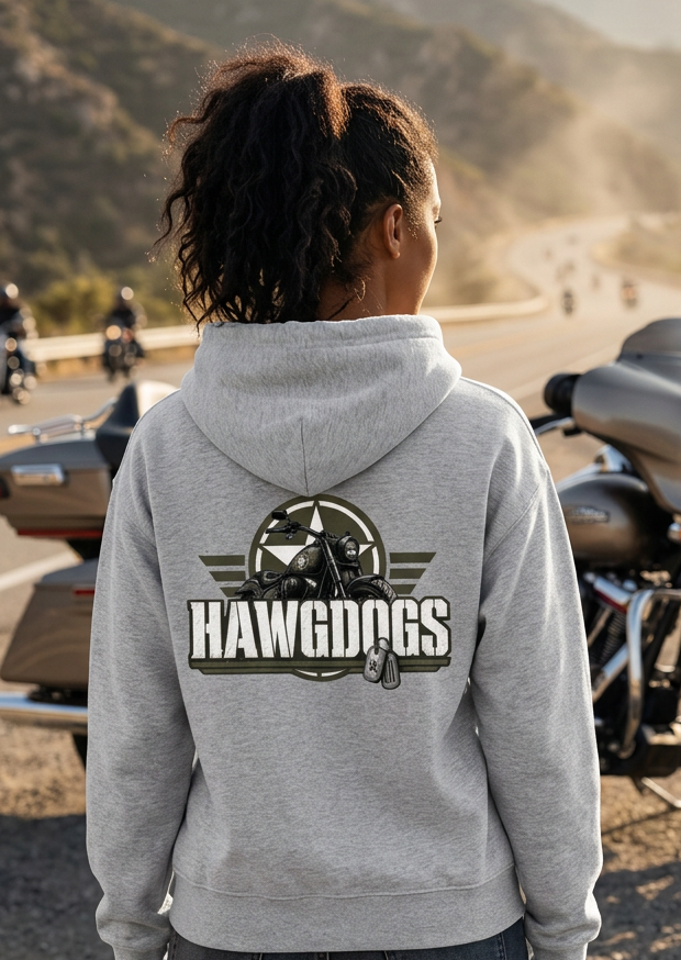 Back view of a woman wearing the flower gray HawgDogs Might of The Republic Ultimate Fleece-147 Hoodie