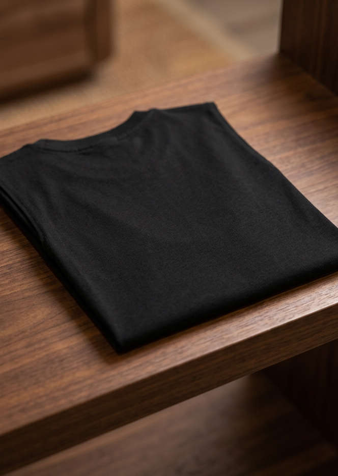 Back of the black Roll Me Away men's tank top with the HawgDogs logo, folded on a wooden table