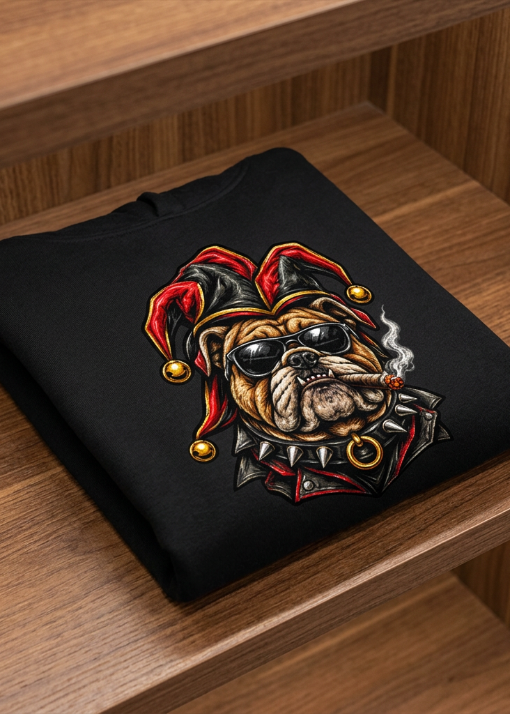 Back of the black HawgDogs Ded-Dog's Hand Ultimate Fleece-147 Hoodie with the HawgDog bulldog joker emblem, folded on a wooden shelf