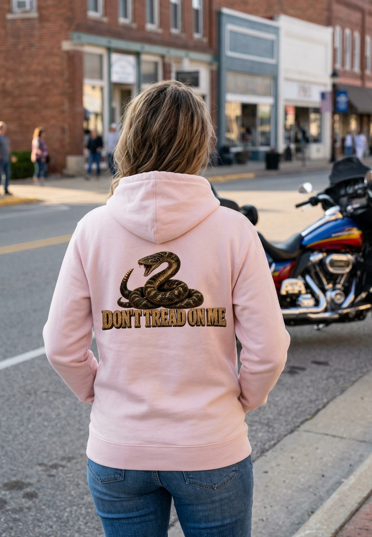 Back of the pink Don't Tread Doggo premium hoodie with the coiled snake graphic