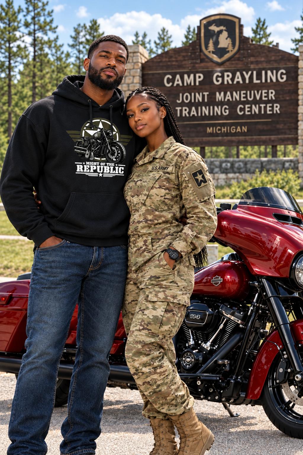 Couple at the Camp Grayling sign, the man in a black Might of The Republic premium hoodie