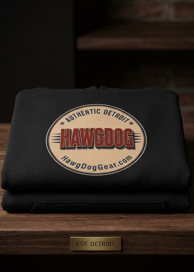 Back of the white HawgDogs Dal-Life Men's Hoodie with the HawgDog Detroit emblem, folded on a wooden table