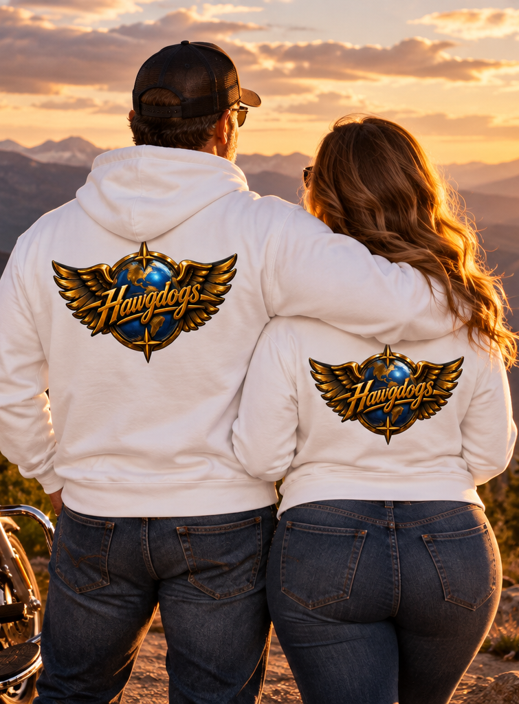 Back of white Wings of The Open Road hoodies with the gold winged logo