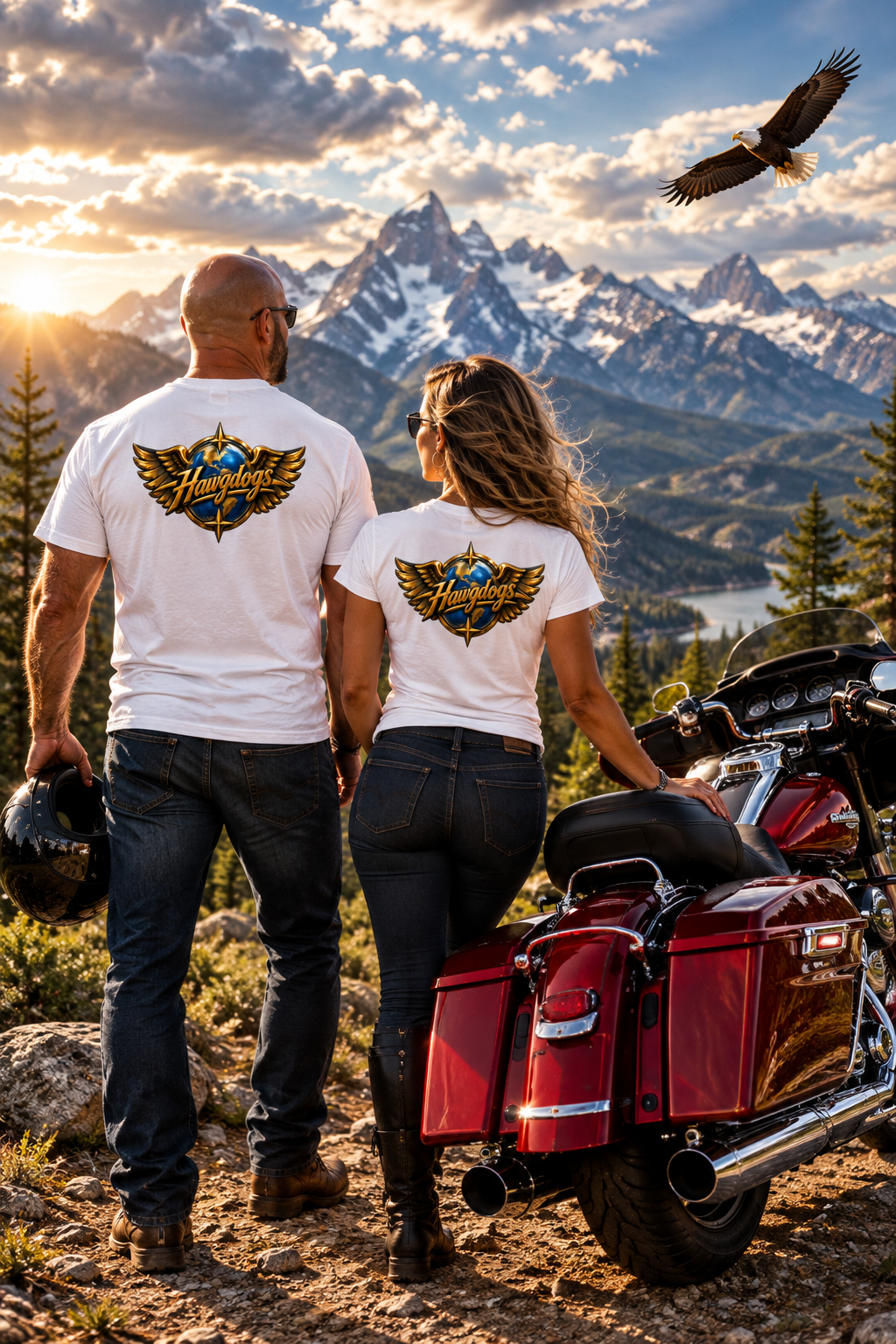 Back of white Wings of The Open Road tees on a couple at a mountain overlook