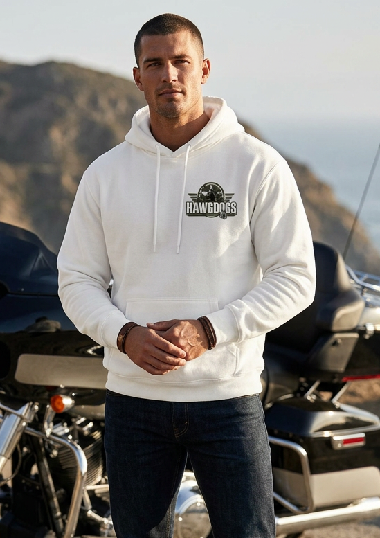 Close-up of the HawgDog Detroit Chapter front chest emblem on the white Might of The Republic Rear Print hoodie