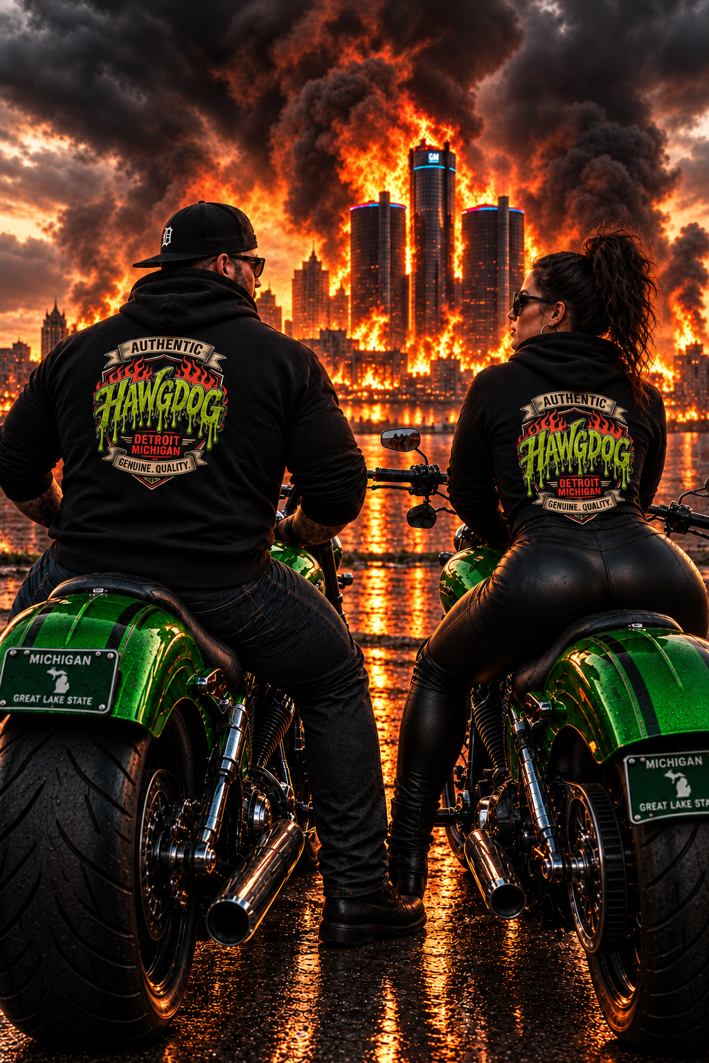 Back of black Drag Rage hoodies on two riders facing a fiery city skyline
