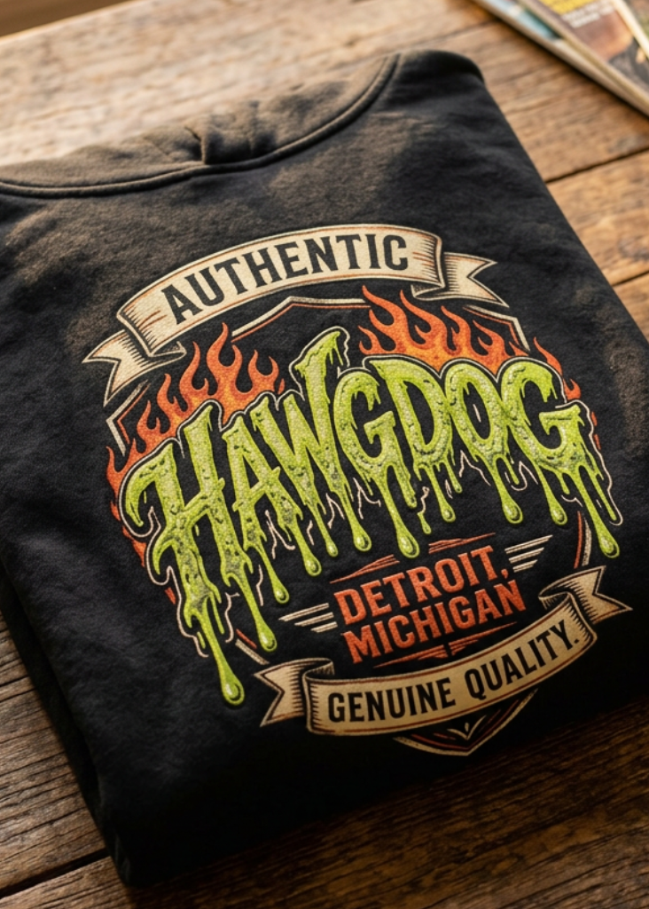 Back of the black Drag Rage hoodie with the Authentic Hawg Dog Detroit graphic, folded on a wooden table