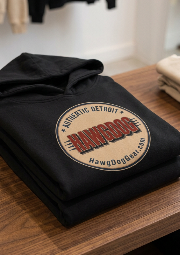 Back of the white HawgDogs Boston Terrier Men's Hoodie with the HawgDog Detroit emblem, folded on a wooden table