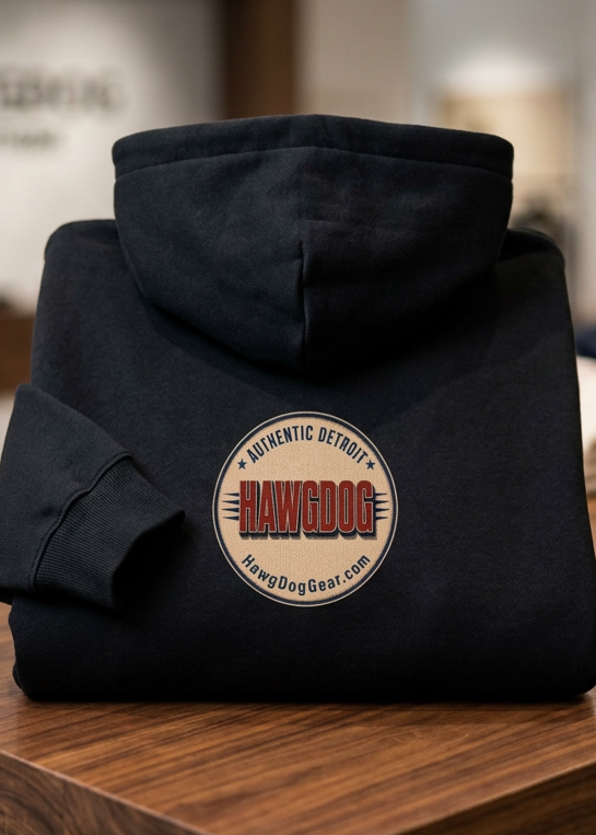 Back of the white HawgDogs Side Hustle Men's Hoodie with the HawgDog Detroit emblem, folded on a wooden table