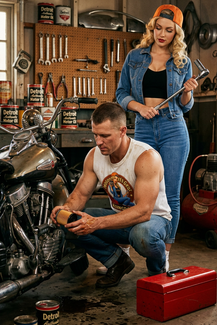 Back of the black Oil Can Annie men's tank top with the Built for Speed gold seal in a motorcycle garage