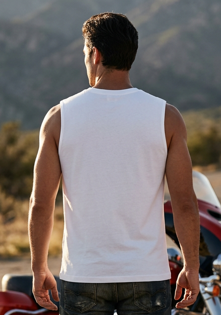 Back of the white Roll Me Away men's tank top on a mountain overlook