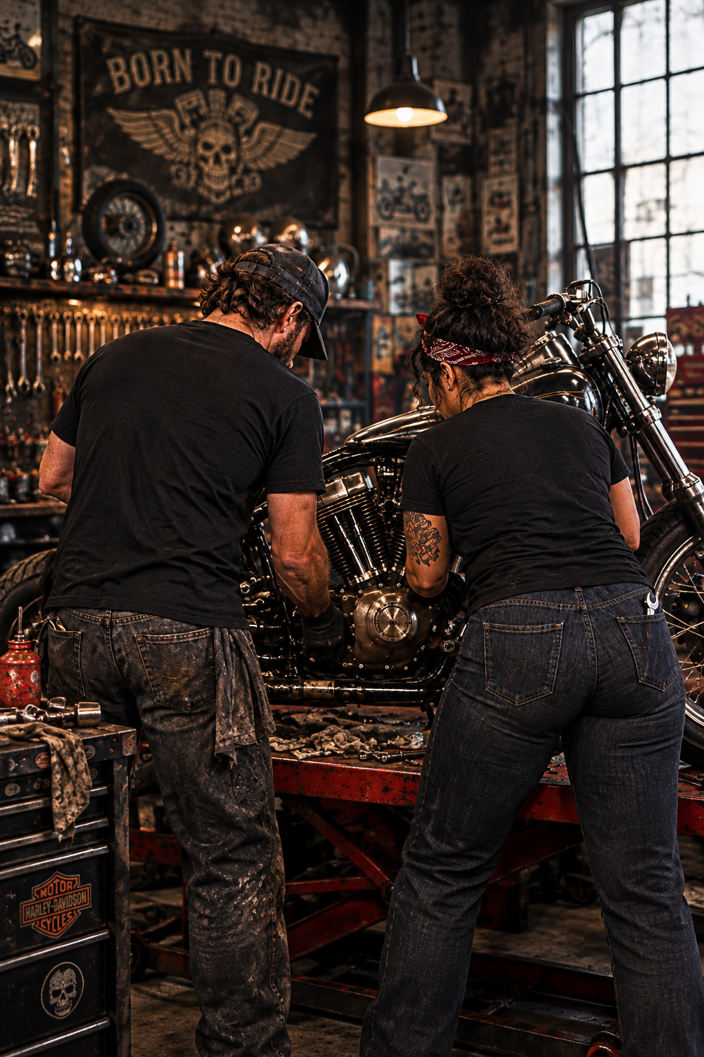 Back of black Don't Fear Death, Fear Not Living tees on a couple working on a motorcycle