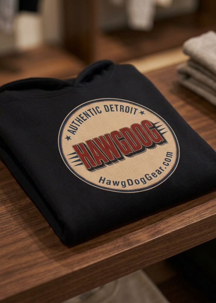 Back of the white HawgDogs Bulldog Men's Hoodie with the HawgDog Detroit emblem, folded on a wooden table