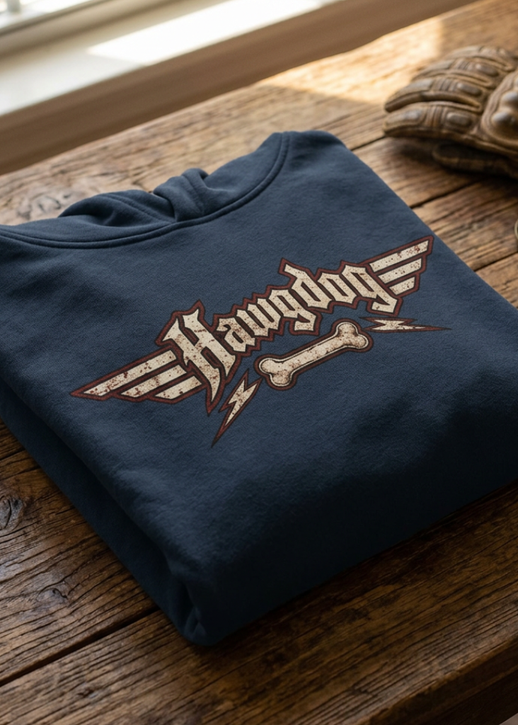 Back of the navy Billy Bones hoodie with the winged Hawgdog logo, folded on a wooden table