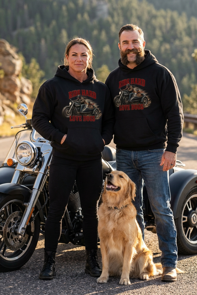 Couple in black Ride Hard & Love Dogs Ultimate Fleece-147 hoodies with a golden retriever and motorcycle