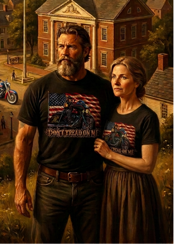 Couple in black Don't Tread Doggo tees in front of a historic town square