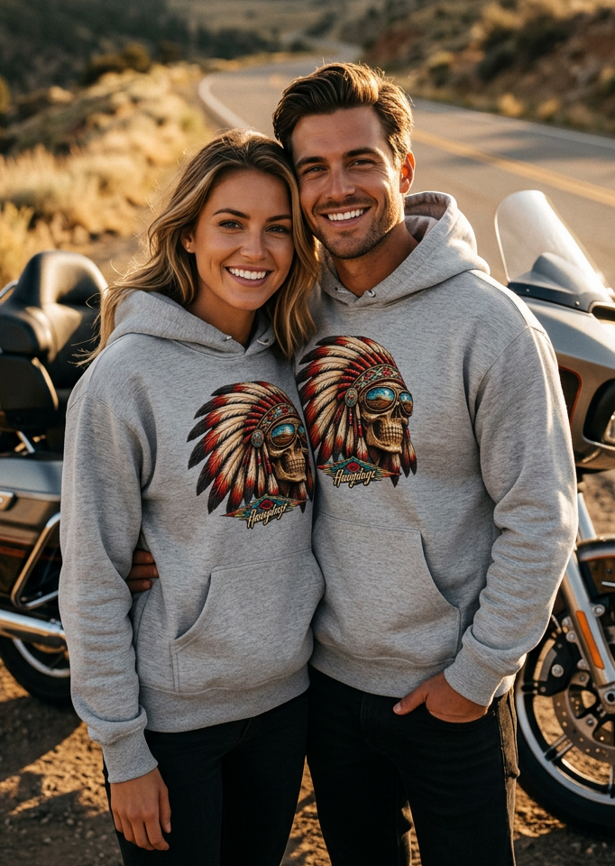 Couple in front of a motorcycle wearing flower gray HawgDogs Thunderhead Ultimate Fleece-147 Hoodies showing the front war-bonnet skull graphic