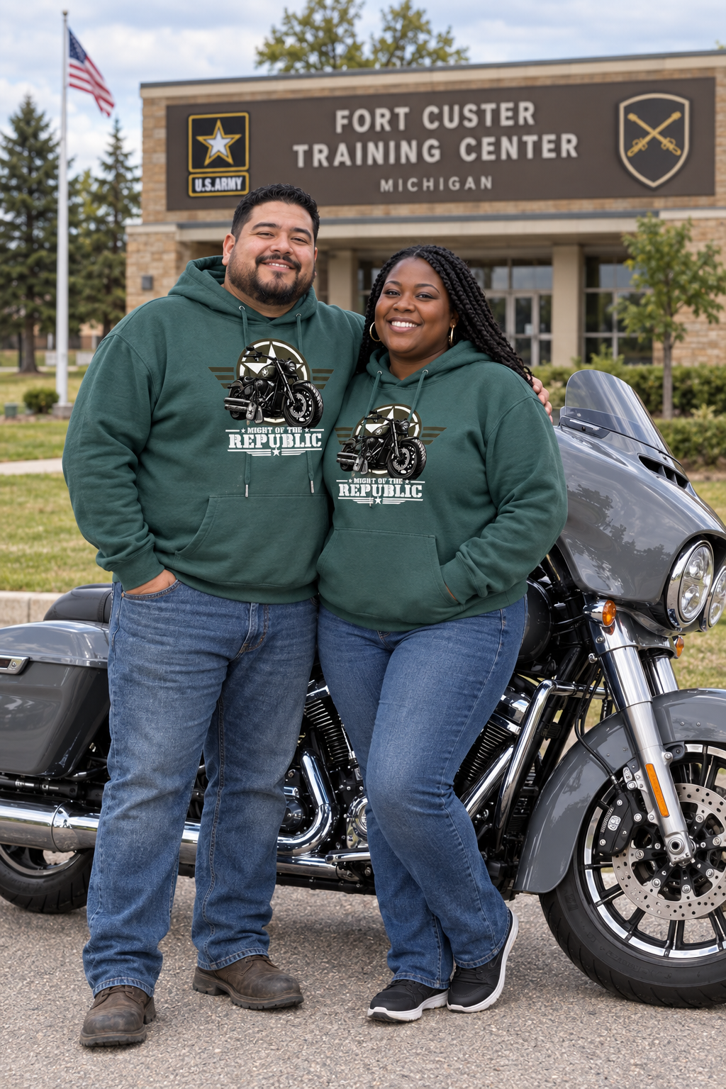 Couple in military green Might of The Republic premium hoodies at Fort Custer