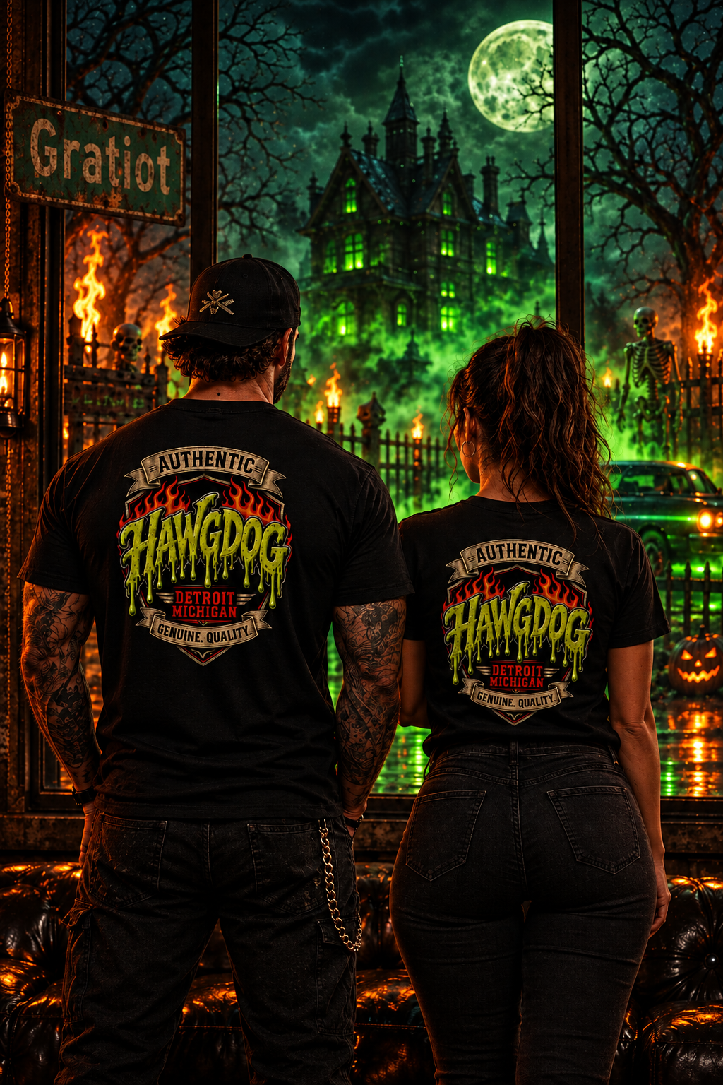 Back of black Drag Rage tees with the flaming Hawg Dog Detroit shield on a couple