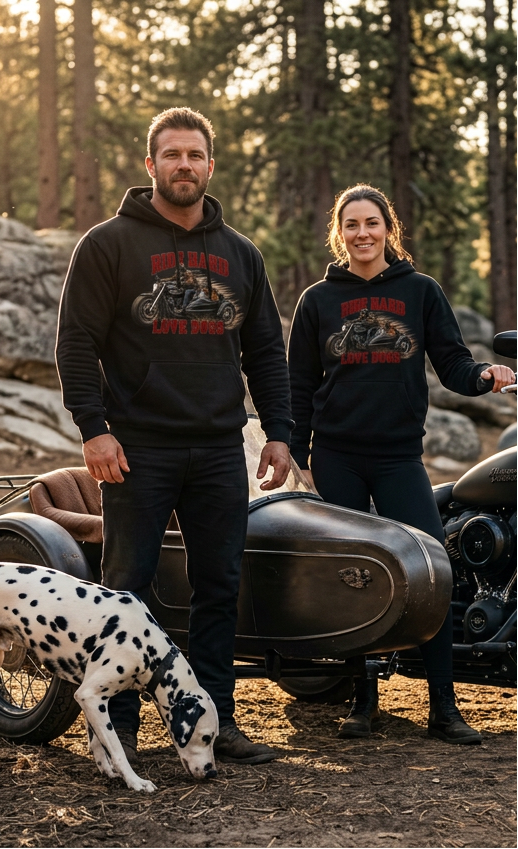Couple in black Ride Hard & Love Dogs hoodies with a Dalmatian beside their motorcycle